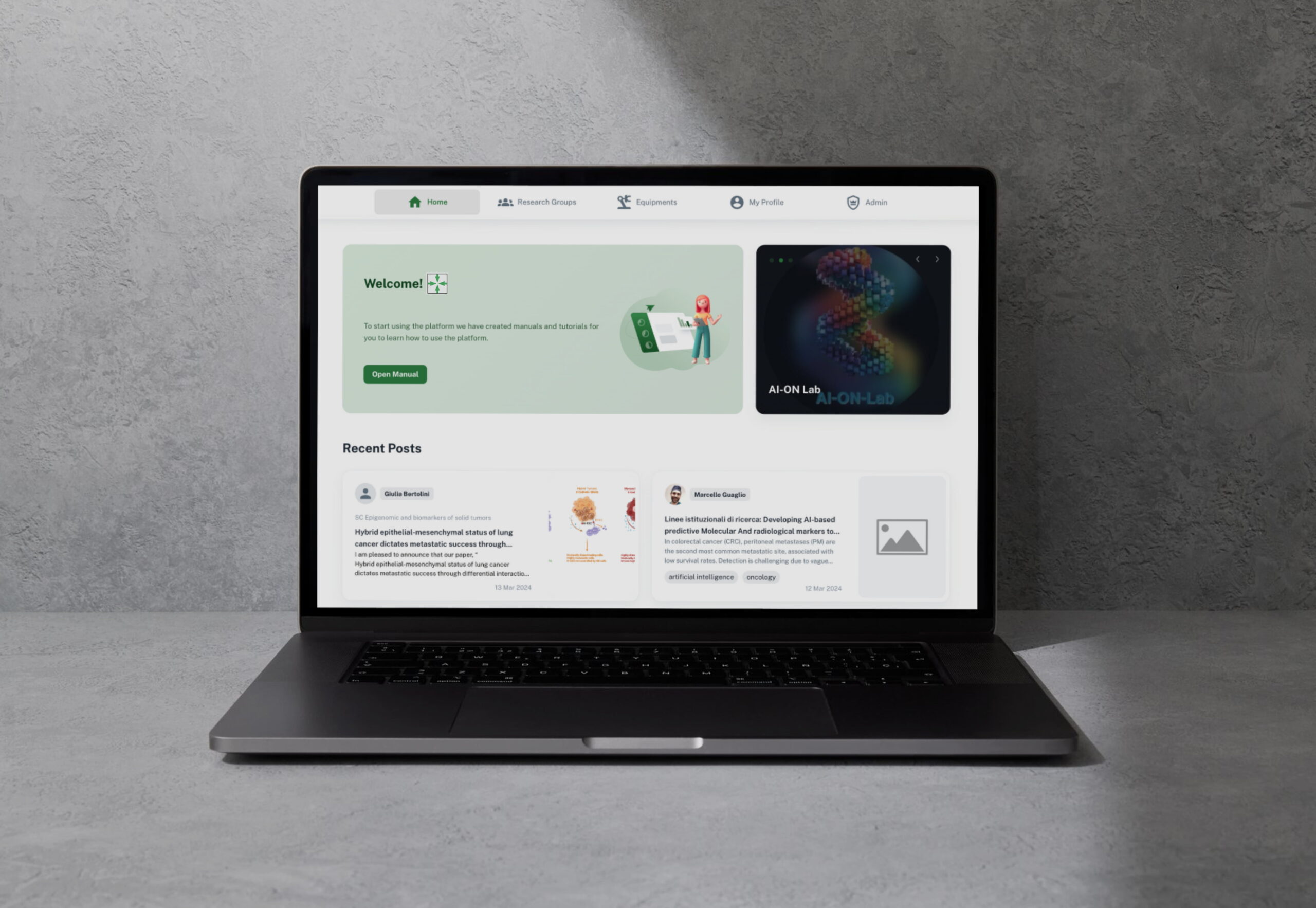 Mockup di un macbook con una piattaforma sviluppata in React, NodeJS e MongoDB